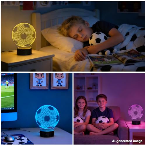 Image of FULLOSUN Kids Night Light Soccer 3D Optical Illusion Lamp with Remote Control 16 Colors Changing Football Birthday Xmas Valentine's Day Gift Idea for Sport Fan Boys Girls