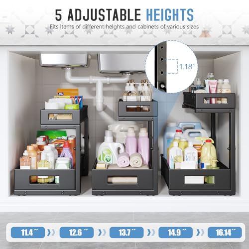 Image of 1 Pack 17IN Depth Under Sink Storage Organizer, Large 2-Tier Elegant Mesh Pull Out Shelf for Kitchen and Bathroom Cabinet Organization, L-Shaped and Adjustable Height Design-Black