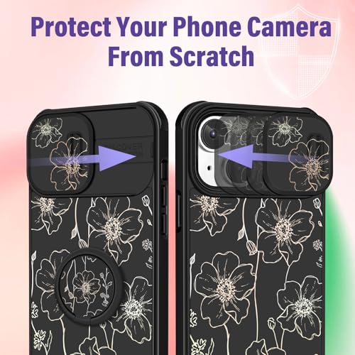 Image of Funermei for iPhone 13 /for iPhone 14 Case - Women Girls Cute Phone Cover Girly Pretty Aesthetic Black Floral Flower Unique Design with Camera Cover Funda for Apple for iPhone 13 /for iPhone 14