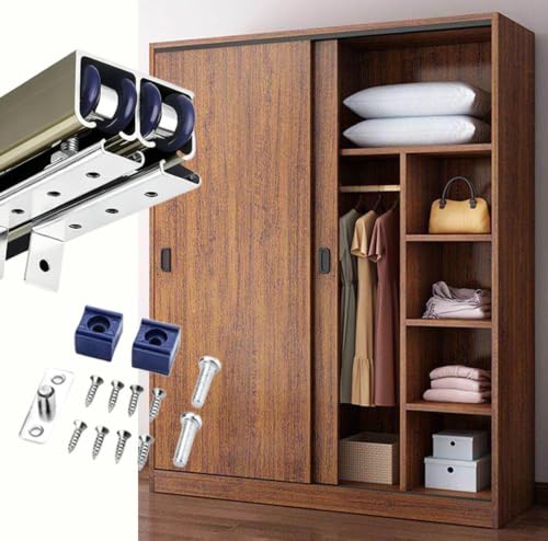 Kit de herrajes para puerta corrediza de clóset, estilo montado superior, aluminio resistente, sistema para 2 puertas, compatible con paneles de madera de 3/4" a 9/10" (Champagne, 3.2ft/38in) miniatura 1