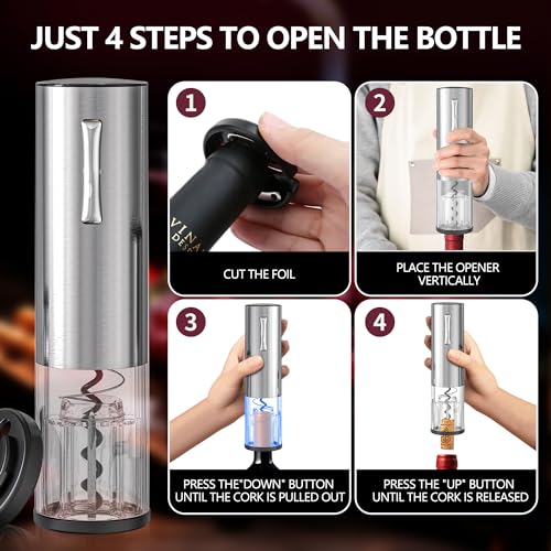 BGFOX 4-in-1 Rechargeable Electric Wine Opener Wine Aerator Gift Set with Electric Wine Decanter, Wine Stopper, Foil Cutter, Automatic Electric Wine Bottle Opener for Home Bar Parties, Stainless Steel - Image 3