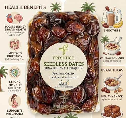 Image of Freshtige Premium Dates| Pin Khajur Arabian Datess, Datees Dry Fruit| Vaccume Packed (1 kg Seedless Dates (Bina Beej Wali Khajoor) (1kg))