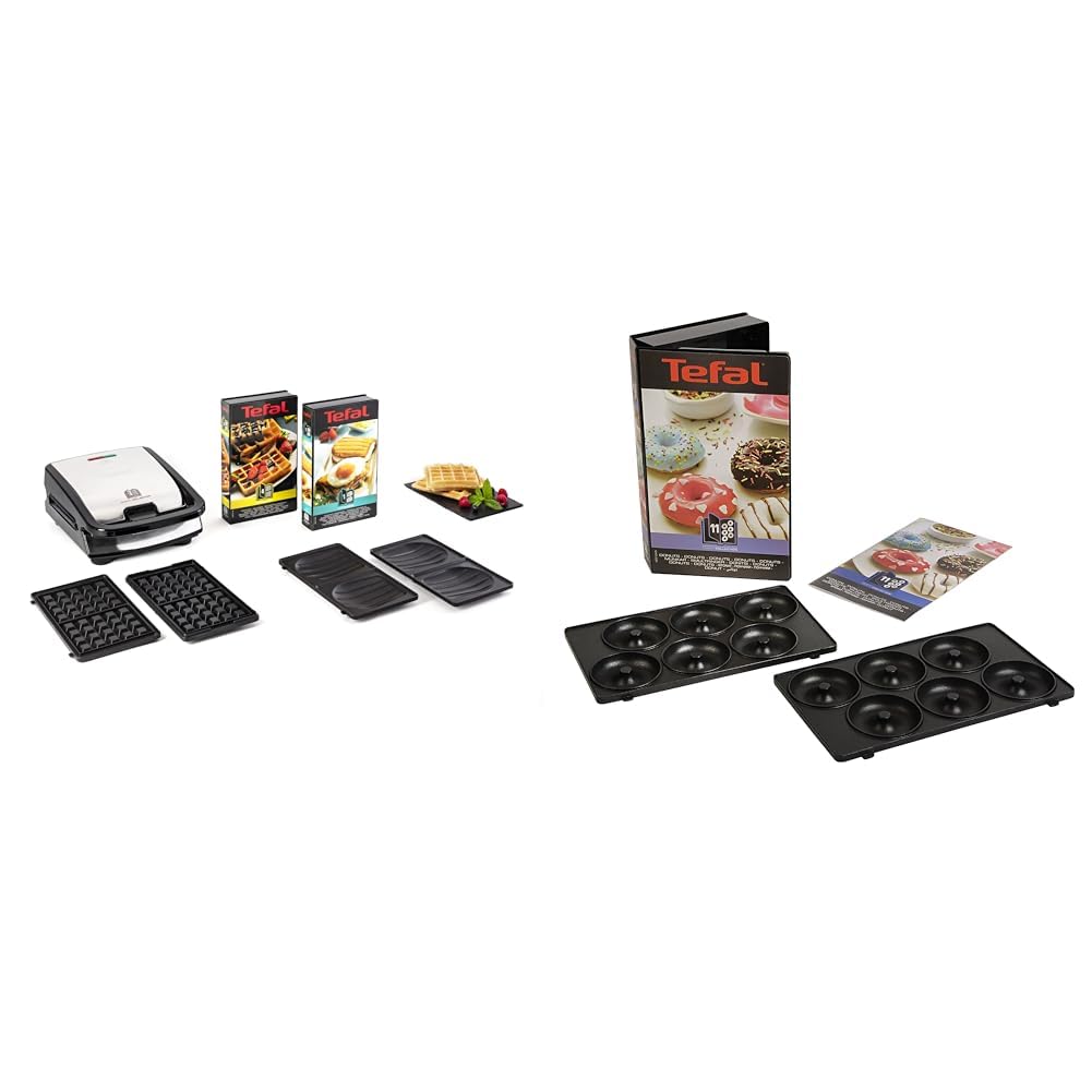 Tefal Croque gaufres et sandwiches, 2 jeux de plaques inclus, Rangement facile & Coffret Snack Collection de 2 plaques beignets + livre de recettes XA801112, Noir
