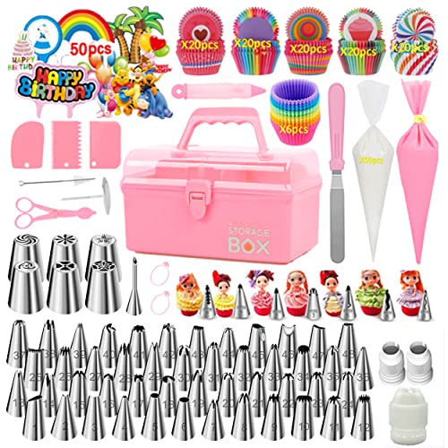 Fishoney Pasteleria y Reposteria, Reposteria Utensilios, 51*Manga Pastelera, 62*Boquillas, Boquillas Rusas, Decoracion Tarta, Decoracion para Pastel, Accesorios Reposteria con Caja (Rosado, 284Pcs)…