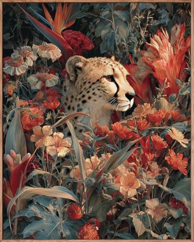 Point de croix léopard et fleurs 40x50cm | Kit broderie perlée 3D