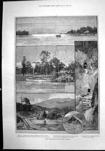 old-print impresión Antigua de la minería del por A pestelli 1890 de la Lata del río de pahang Corporation kuantan