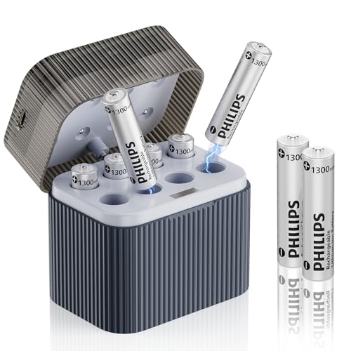 Philips AAA Lithium Rechargeable Batteries with Charger 8 Pack - 1.5V 1300mWh High Capacity Li-ion Triple A Batteries 1200 Cycles Fast Charging for Remote Controls/Wireless Mouse Keyboards