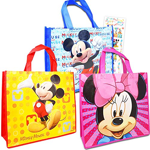 Mickey Mouse Disney Tote Bags Value Pack -- 3 Reusable Tote Party Bags (Featuring Mickey and Minnie Mouse), Bonus Sticker