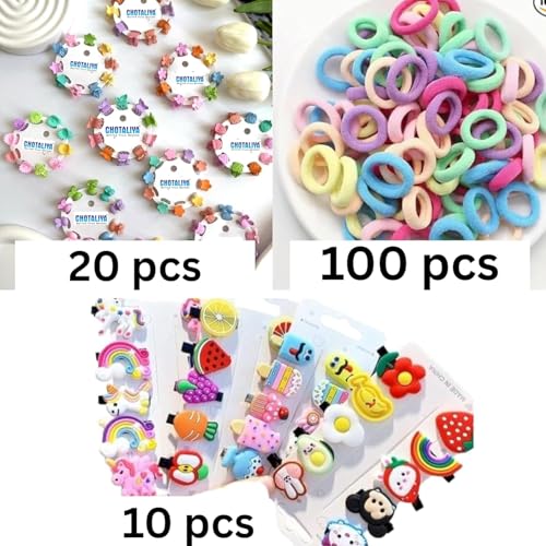 Image of 129Pcs combo Baby Hair Accessories 20pcs Mini Hair Clip 10 pcs Cute Fruit Cartoon Animal 100pcs Baby Hair Ties for Girls and Kids Hair Pin for Kids & Small Girls (Random Designs)