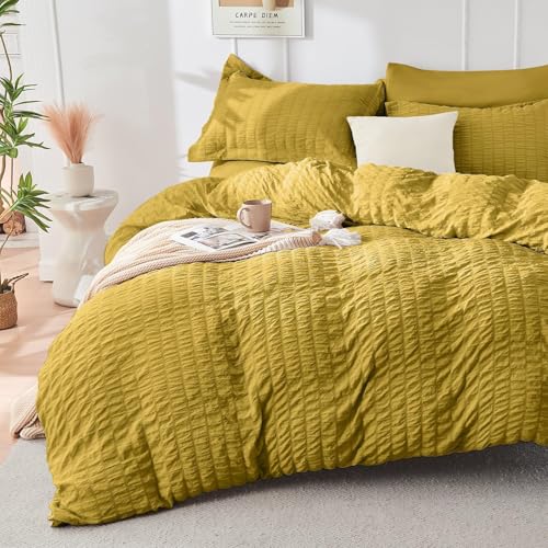 Image of HYMOKEGE Mustard Yellow King Size Comforter Set Seersucker 7 Pieces, All Season Luxury Bed in a Bag for Bedroom, Bedding Set with Comforter, Sheets, Pillowcases & Shams
