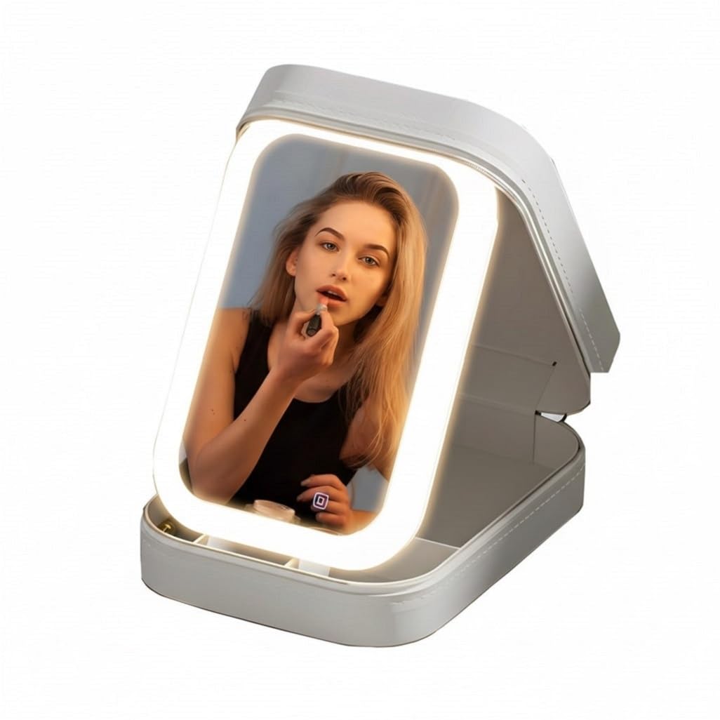LED Makeup Mirror with Storage Case – Portable Compact Vanity Mirror with Light, Folding Design, Travel-Friendly Makeup Organizer for Cosmetics, Brushes, and Accessories [ White ]-image-49