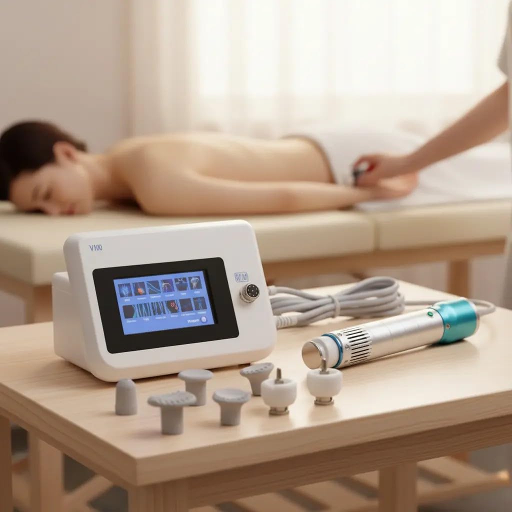 Shock Wave Massager V100, dispositivo portatile per rilassamento completo del corpo con 11 testine massaggianti per il comfort muscolare con 27 livelli di energia e 16 frequenze
