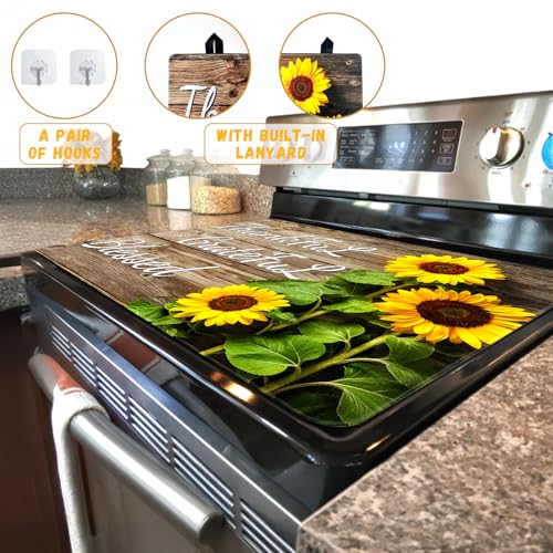 Image of Sunflower Stove Top Cover for Electric Stove 28 inch x 20 inch Heat Resistant Glass Stove Top Cover Protector with Thankful Grateful Blessed Design Glass Cooktop Cover for Electric Stove Kitchen Counter Cover