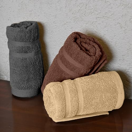 Image of Divine Casa Cotton Hand Towels Pack of 3 Brown Grey Beige, 550 GSM Ultra Soft & Highly Absorbent Thick Bathroom Towels, 60 x 40 cm