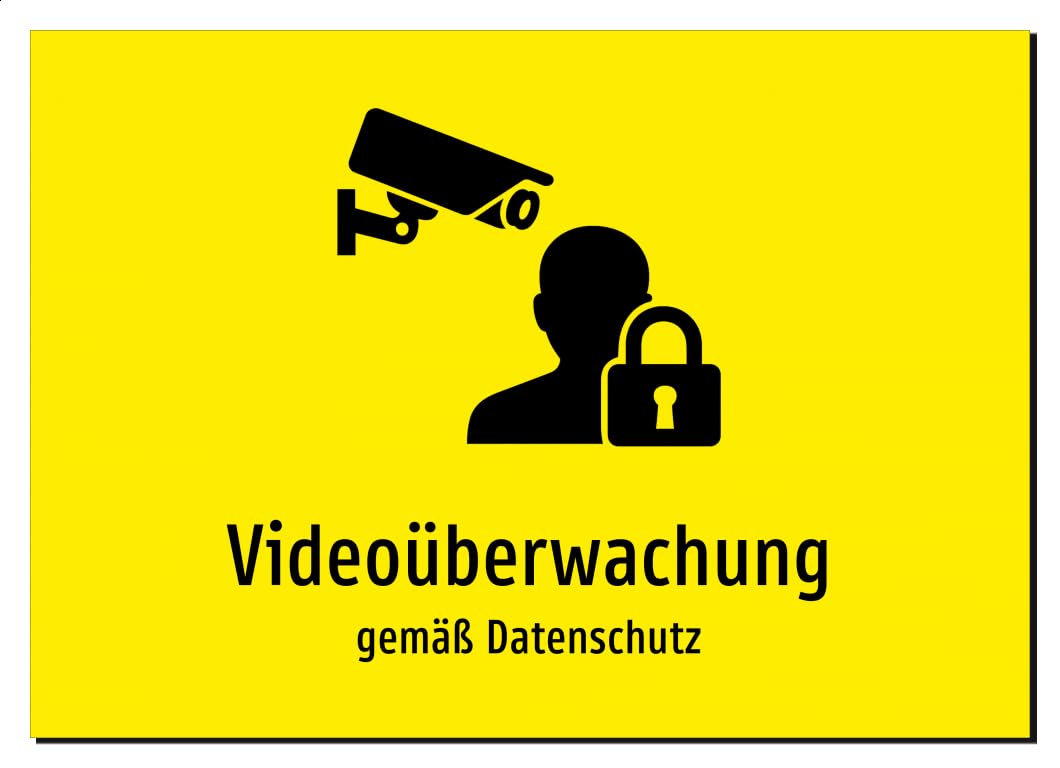 Videoüberwachung - gemäß Datenschutz – Aluminiumschild A4: 297x210mm – Mit Grafik und Text