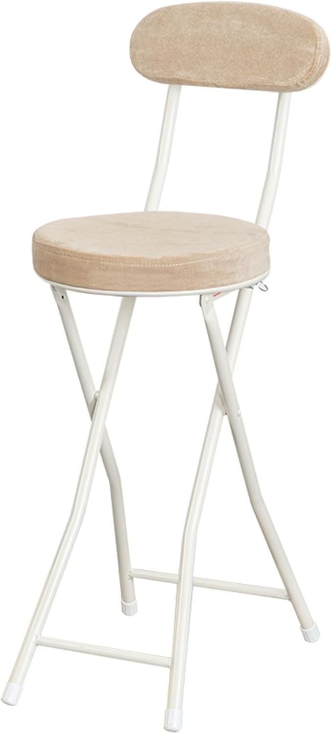 Folding Counter Stool with Backrest, Round Padded Foldable Kitchen Stool with Cover, 24in Portable Adult Folding Bar Stool for Shop Cafe Game Room (Color : Khaki, Size : 60cm/24in)