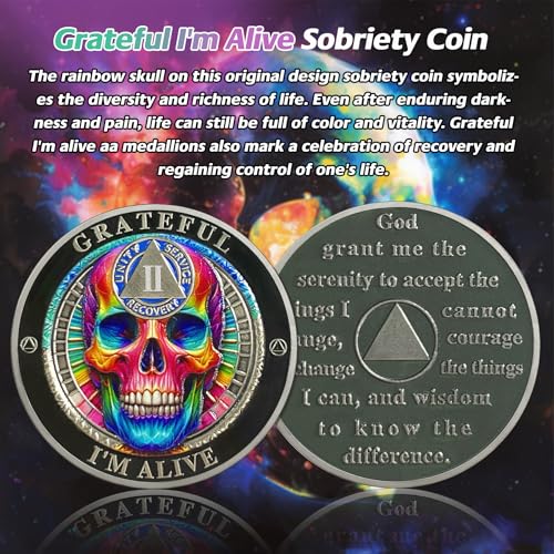 rainbow skull 2 year sobriety coin - grateful i39m alive aa coins - recovery addiction na aa chips and medallions - 1-10 years living clean narcotics alcoholics anonymous gifts for men women