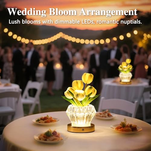 Image of Blue Tulip Flower Lamp Diamond Vase, 3 Color Night Light Dimmable Touch Control Artificial Floral Decor for Bedroom Bar Coffee Shop Wedding Birthday Gifts for Women Christmas Valentine Mothers Day