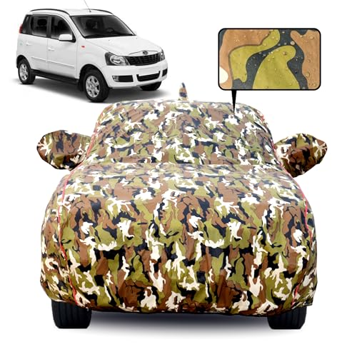 Image of Waterproof Car Body Cover for Mahindra Quanto with Mirror Pocket, Soft Cotton Lining, Triple Stitched, Full Bottom Elastic (Heat Resistant Jungle Print with Red Piping)