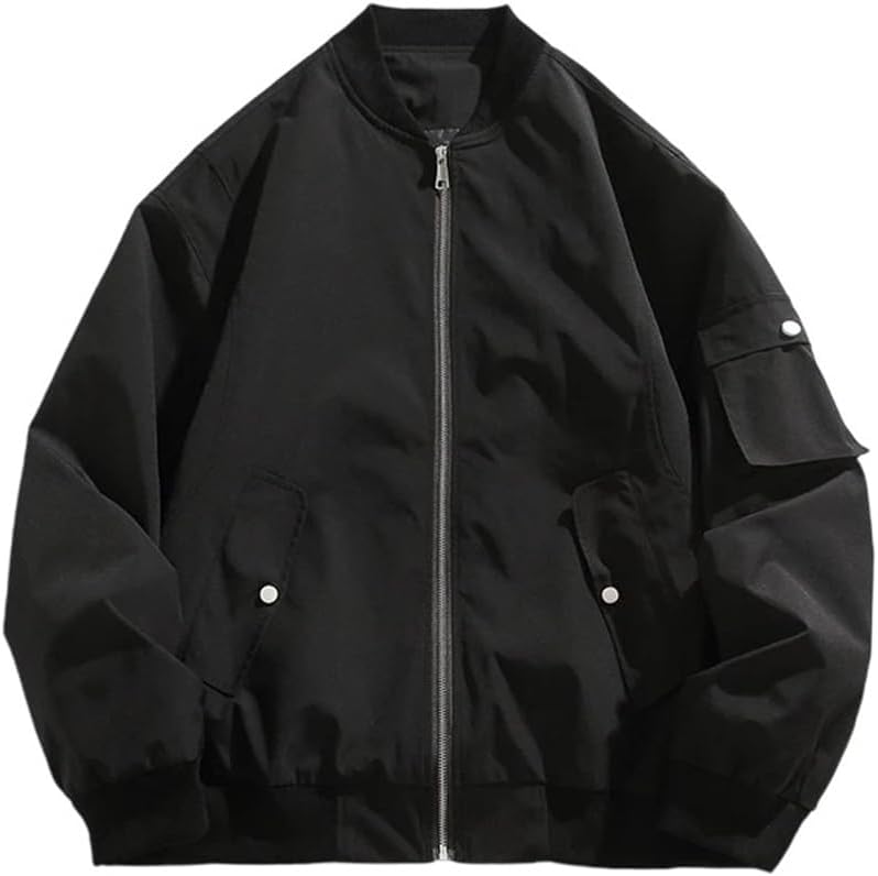 Men Lightweight Workwear Jacket Zipper Stand Collar Hip Hop Coat Casual Printed Outerwear