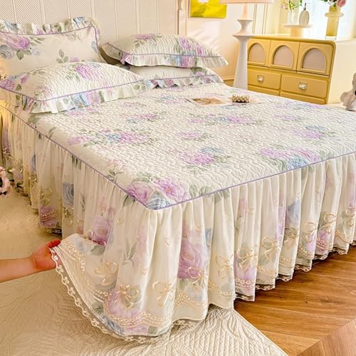 Daesar Conjunto Sabanas Bajeras Elásticas Ajustables y 2 Fundas de Almohada,Patrón de Flores y Hojas con Encaje Bordado Algodón Sabanas Bajeras Cama Beige Púrpura,200 x 220 CM