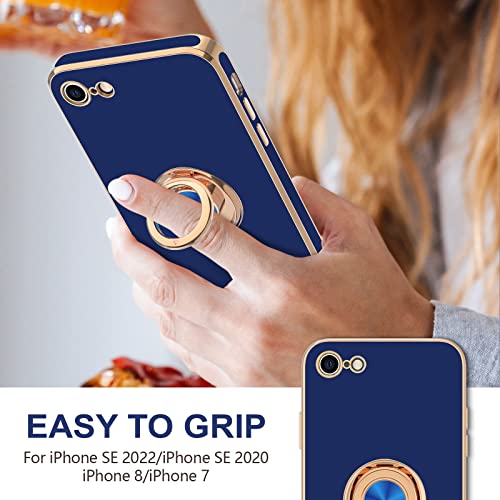 Image of Hython Case for iPhone SE Case 2022 /2020, iPhone 8 7 Case Ring Holder Stand Magnetic Kickstand, Plating Rose Gold Edge Soft TPU Bumper Cover Shockproof Protective Phone Cases Women Girls Boys, Blue