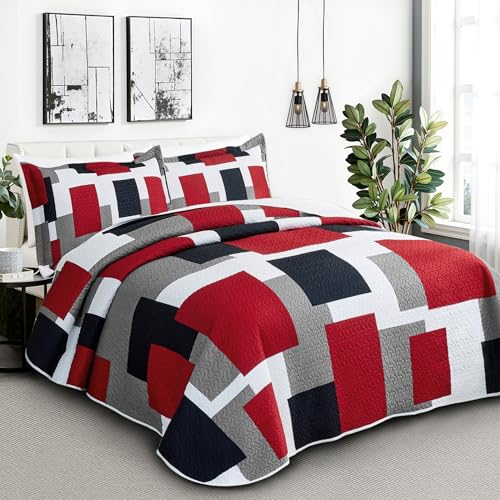 Image of Tyrot 3 Piece Red Black Grey Quilts California King Size Red Bedding Set | Lightweight Bedspread, Geometric Coverlet with 2 Sham, Modern Abstract Soft Microfiber, Bed Cover for All Season, 118''x106''