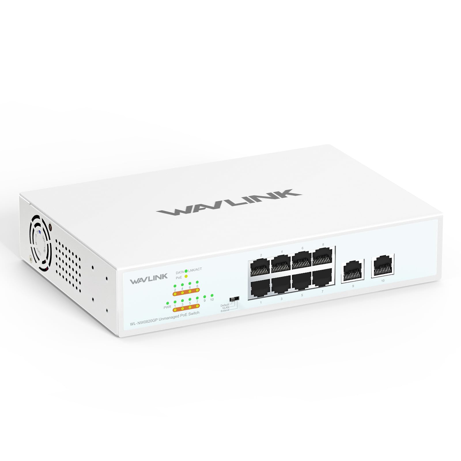 WAVLINK Switch Gigabit Non Gestito a 10 Porte con 8 Porte PoE+ e 2 Uplink, Budget PoE Totale 120W, IEEE 802.3af/at, Modalità VLAN, Default ed Extend, Montaggio a Parete o da Tavolo