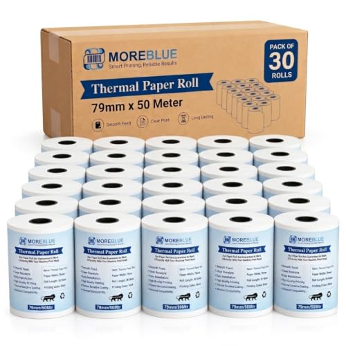 Image of MOREBLUE Thermal Paper Rolls 3 Inch (79mm x 50m, 55 GSM) | Ink-Free Receipt Paper for POS, Billing Machine, Credit Card Machine, ATM & Thermal Printers Pack 30