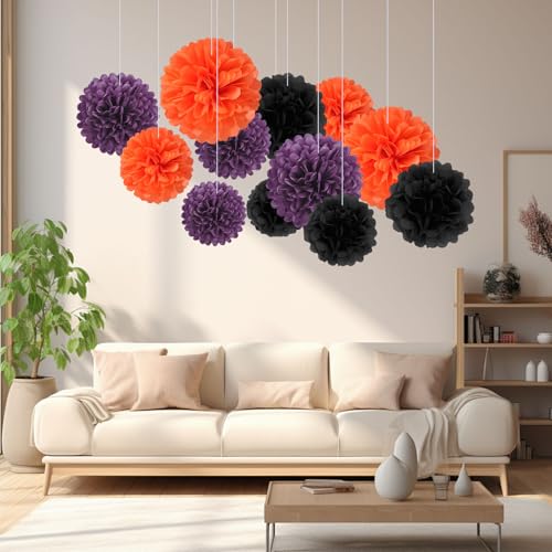 Image of 18 PCS Tissue Paper Pom Poms, Tissue Pom Poms Flowers, Sizes of 6 inch, 10 inch, 12 inch, 14 inch Hanging Paper Flower Ball for Wedding, Birthday, Halloween, Party Decor (Black Orange Purple)
