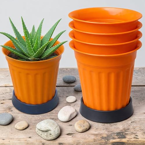 Image of TechHark Orange Plastic Plant Pots with Saucer, Ribbed Style, for Indoor and Outdoor Use, Set of 5