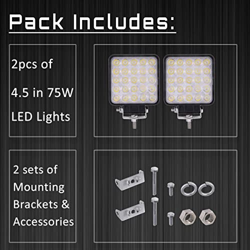Image of SAN YOUNG LED Boat Lights for Truck, 4 Inch Light Pods 75W 7200lm 12V 24V Flood Beam Square Car Grille 4x4 LED Boating Light, Pack of 2