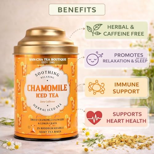 Image of Sancha Tea Boutique, Chamomile Iced Tea, 25 Pyramid Bags, Caffeine-Free Herbal Blend of Chamomile & Lemongrass Flowers, Refreshing & Sugar-Free