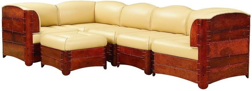 5 Piece sectional sofa cream soft Italian leather exotic wood steel frame