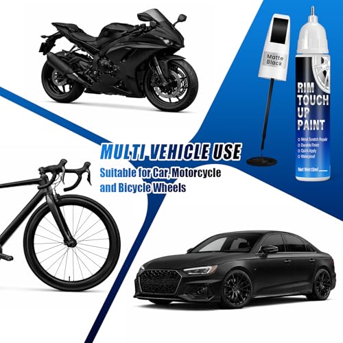 Image of Matte Black Rim Touch Up Paint, 2-in-1 Brush & Tip, 0.4 fl oz - Universal Black Rim Curb Rash Repair Kit for Scratches, Scuffs Alloy /Metal Wheels, OEM Color Match, Quick-Dry & Long-Lasting