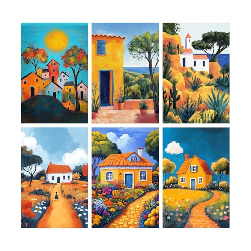 Image of SiddArtify Colorful House Wall Art Prints Set - Whimsical Landscape Poster Decor for Living Room Bedroom Office - 8x12 Sticker Pack of 6
