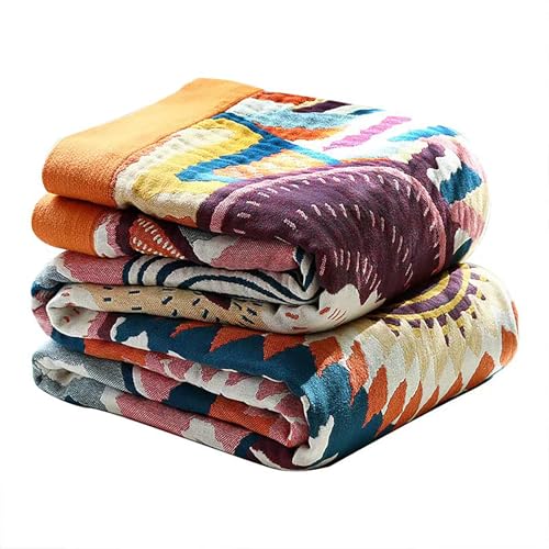 Boho Throw Blanket, 100% Organic Muslin Cotton Skin-friendly Breathable Ultra Soft Bed Quilt Throw - All Season Bohemian Decor Luxury Colorful Blanket for Sofa Couch Chair and Gift. 50" x 60"