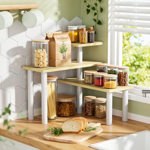 Atoping 3-Tier Corner Countertop Organizer Kitchen Counter & Bathroom Vanity Organizer Coffee Bar Corner Shelf Spice Rack Stand L-Shaped Space-Saving Storage Light Wood