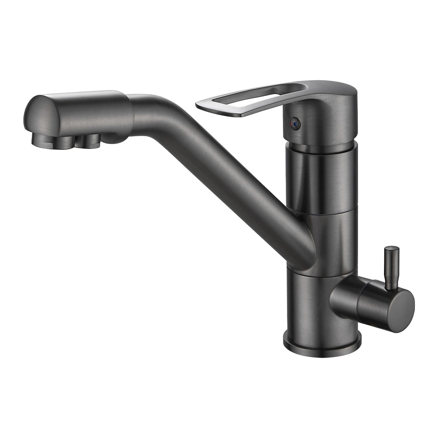 Rubinetto Cucina 3 Vie in Acciaio Inox, Miscelatore Lavello a Doppia Maniglia Girevole 360°, Beccuccio Alto Flessibile, per Acqua Calda/Fredda e Filtrata, Attacco G3/8,(Grigio)