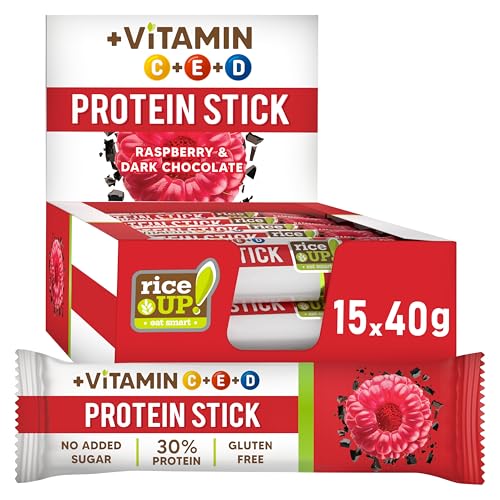 RiceUp! Barra de proteína y vitaminas | 30% de proteína con vitaminas C, D y E | Barra alta en proteínas | Sin azúcares añadidos | Sin gluten | Sin aceite de palma (Raspberry)