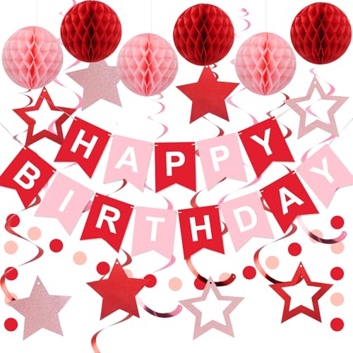 Image of Birthday Decorations Happy Birthday Banner with Honeycomb Balls | 16pcs Birthday Set: 1 Banner+6 Honeycomb Balls+8 Star Spirals+1 Circle Dots, Happy Birthday Decor - Red