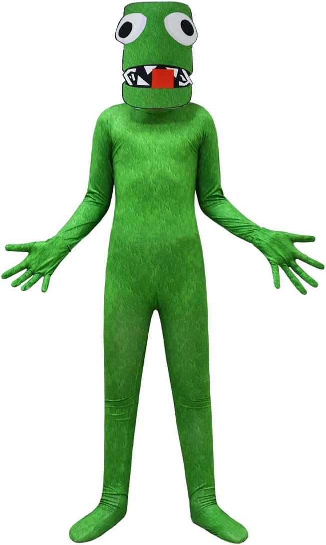 Temolie Rainbow Friends Costumes Halloween Cosplay Jumpsuit Boys Dress Up Pretend Mask Glove 3Pcs Game Green Monster Outfit for Kids 5-12 Years