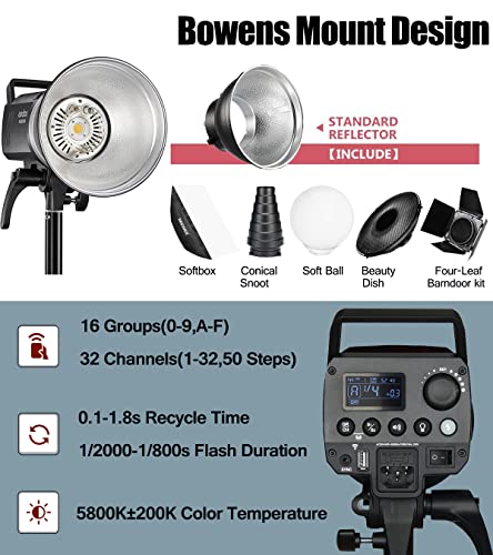 Godox 2pcs MS300V 600W Studio Strobe Flash Light Kit,2.4G Bowens Mount Lighting Flash GN58 5800K with AT-16 Trigger,Light Stands,Softboxes,Umbrella,Reflector,Carry Bag for Portrait Product Photography