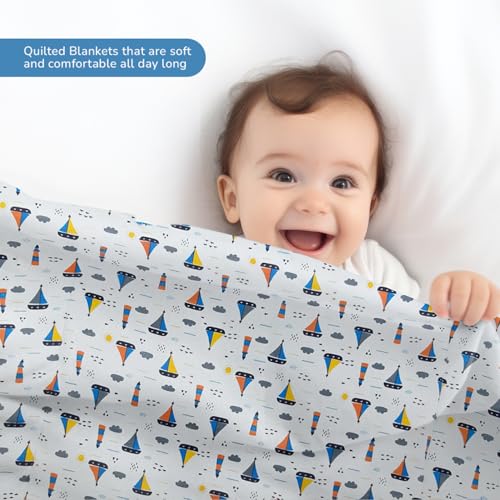 Image of Tinylane 100% Cotton Baby Blanket Cum Comforter, All Season Baby Blankets Newborn, Baby Blanket for 0-2 Years, Blanket for Newborn Baby, New Born Baby Essentials, Pack of 2 | (Boat & Star Print)