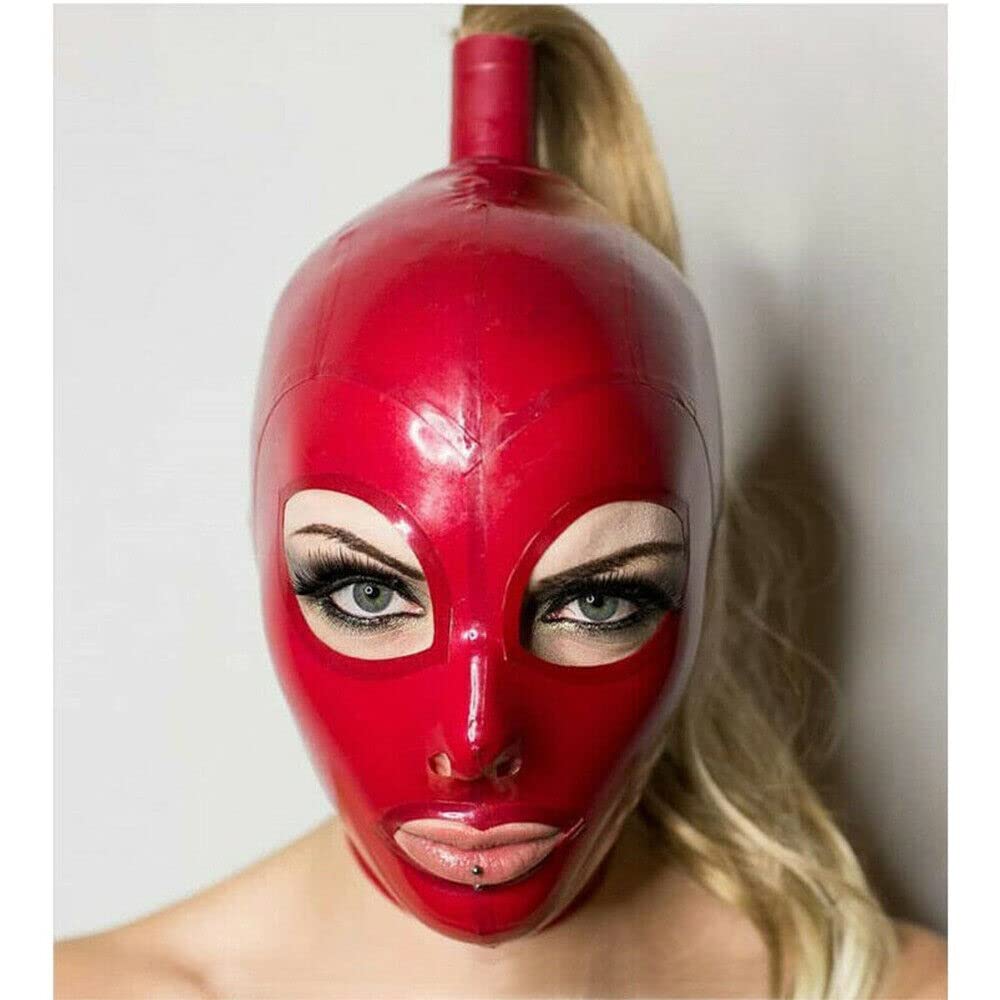 Latex Kapuze mit Zopf und Augenloch, rote Vollgesichtsabdeckung mit Reißverschluss für Meister, Königin, Sex, BDSM, Party, Cosplay, Urlaub