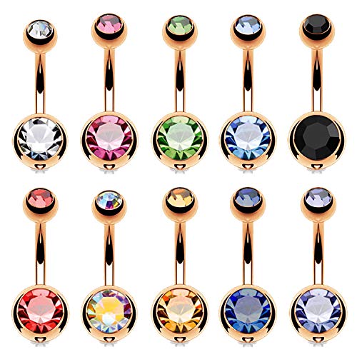 BodyJ4You 10PC Belly Button Ring Double Multicolor CZ Rose Goldtone Steel 14G Navel Piercing Jewelry