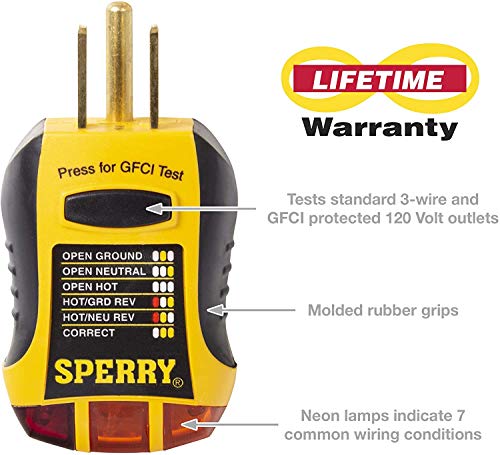 Sperry Instruments GFI6302 GFCI Outlet/Receptacle Tester, Standard 120V AC Outlets, 7 Visual Indication/Wiring Legend, Home & Professional Use, Yellow & Black - New Edition