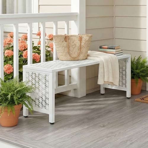 Image of VINGLI 40in Outdoor Metal Bench, All-Weathe Backless Patio Bench with Slatted Seat＆Floral Side Panels, Rust-Resistant Garden Bench, Weatherproof Outdoor Seating for Porch Entryway Backyard (White)