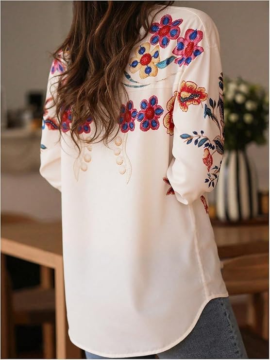 Chvity Women's Floral Printe Boho Long Sleeve Blouse Fall Fashion Button Up Cozy Shirts Office Work Casual Party Tops - Image 4