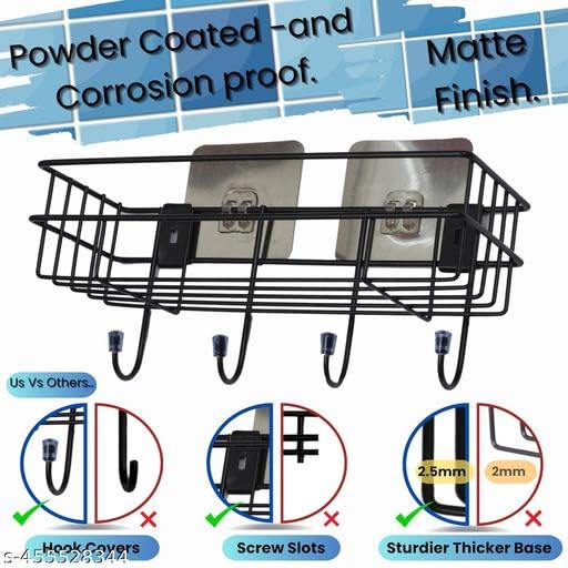 (Pack of 2) Steel Self-Adhesive Multipurpose Bathroom Shelf with Hooks/Towel Holder/Rack/Bathroom Accessories-Wall Mount - Pack of 2 (Black,Powder Coated)|BHR-P1099 2